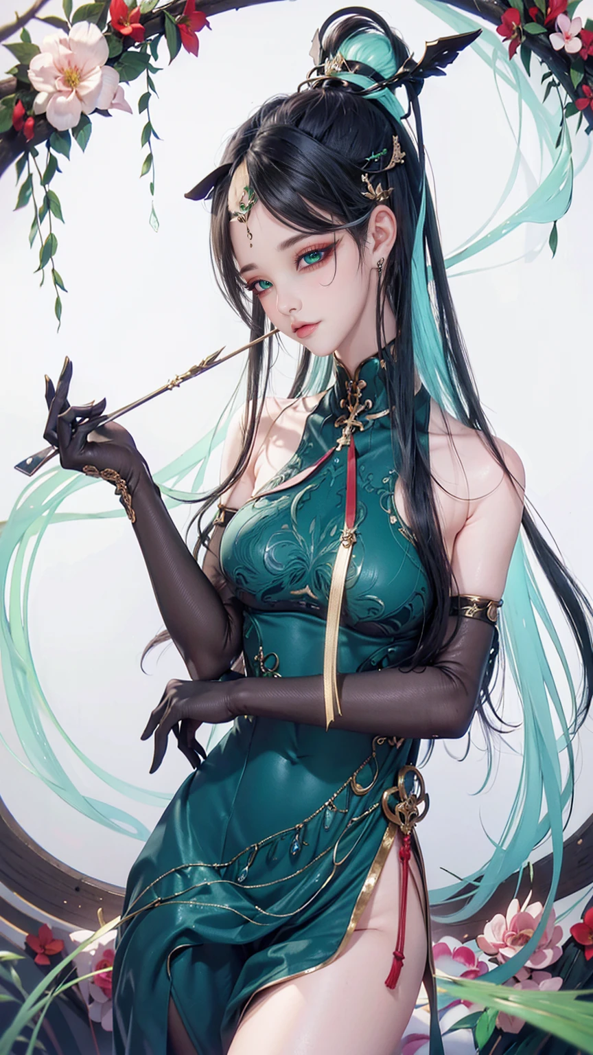 16K, Ultra High Definition, Super detailed, Shiny detailed hair, detailed face, fantasy landscape, solo, looking at viewer, {{best quality}}, {{masterpiece}}, {{ultra-detailed}}, {detailed light}, ultra high quality eyes, detailed eyes, perfect eyes, large eyes, detailed green eyes, beautiful lips, black and green hair, long hair, big horse tail, beautiful, skinny body, white skin, slutty, erotic, suggestive, ((nsfw))