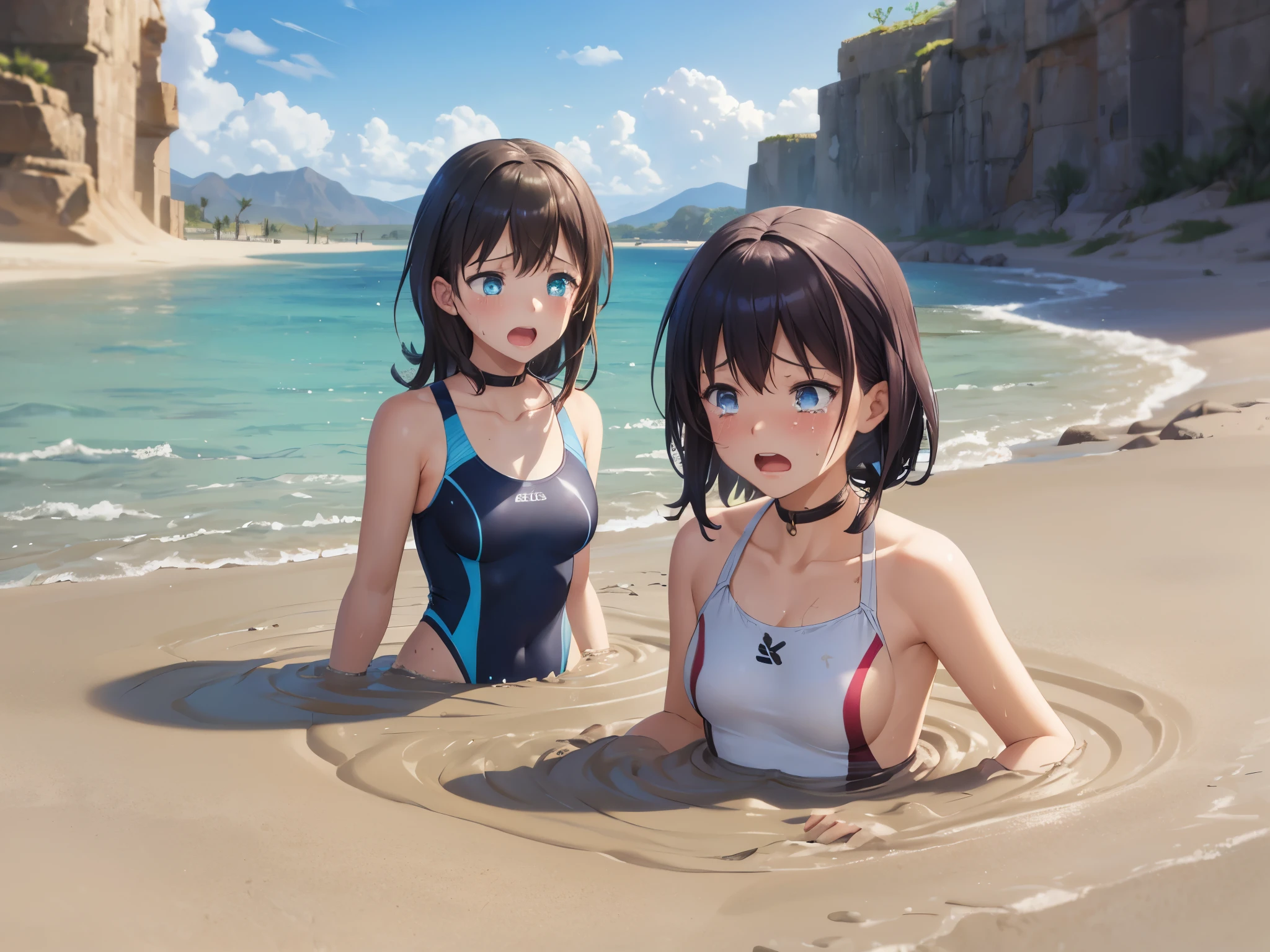 masterpiece, great quality, ultra detail, illustration, game cg, (5girls), (multiple girls), FGOErice, klaudia valentz, aichan, collarbone, (upset), one-piece swimsuit, desert, ((quicksand)), screaming, group submerged, 5 girls sinking, sand, tears, drowning, waist deep, struggling