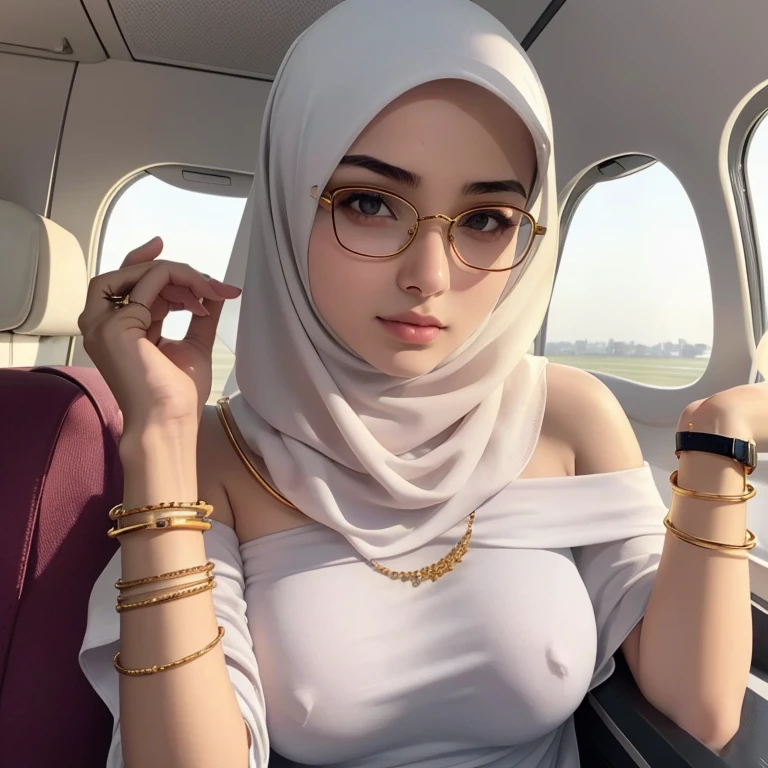 A beautiful high school glasses Arabian girl model, white skin, sharp nose, thin lips, circle face, tight bra, big breast, off shoulder, wearing hijab, golden indian bangle and bracelet, golden necklace, golden swiss polo watch, on the plane, tight seatbelt, detailed squinting eyes, detailed horny face