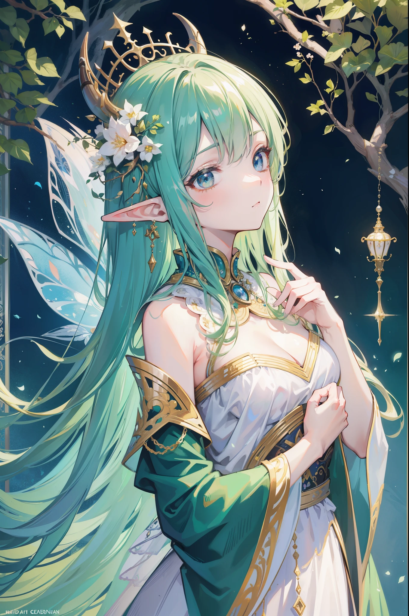 high quality, masterpiece, Exquisite facial features, Fine hair, Delicateeyes, Fine hair, Anime Girl, Antler color hair, Floral scent, Dreamy style, fantastic garden, Fantasy style costumes, romantic gown,  Beautiful and elegant elf queen, Fantasy art style, Anime fantasy illustration, Fairy Queen of the Summer Forest, anime art nouveau, Forest Goddess, Portrait of the Elf Queen, A beautiful artistic illustration，8K high quality detailed art（Delicate facial portrayal）（Fine hair depiction）（best quality）（masterpiece) 8k wallpaper，masterpiece, Best quality, Extremely detailed