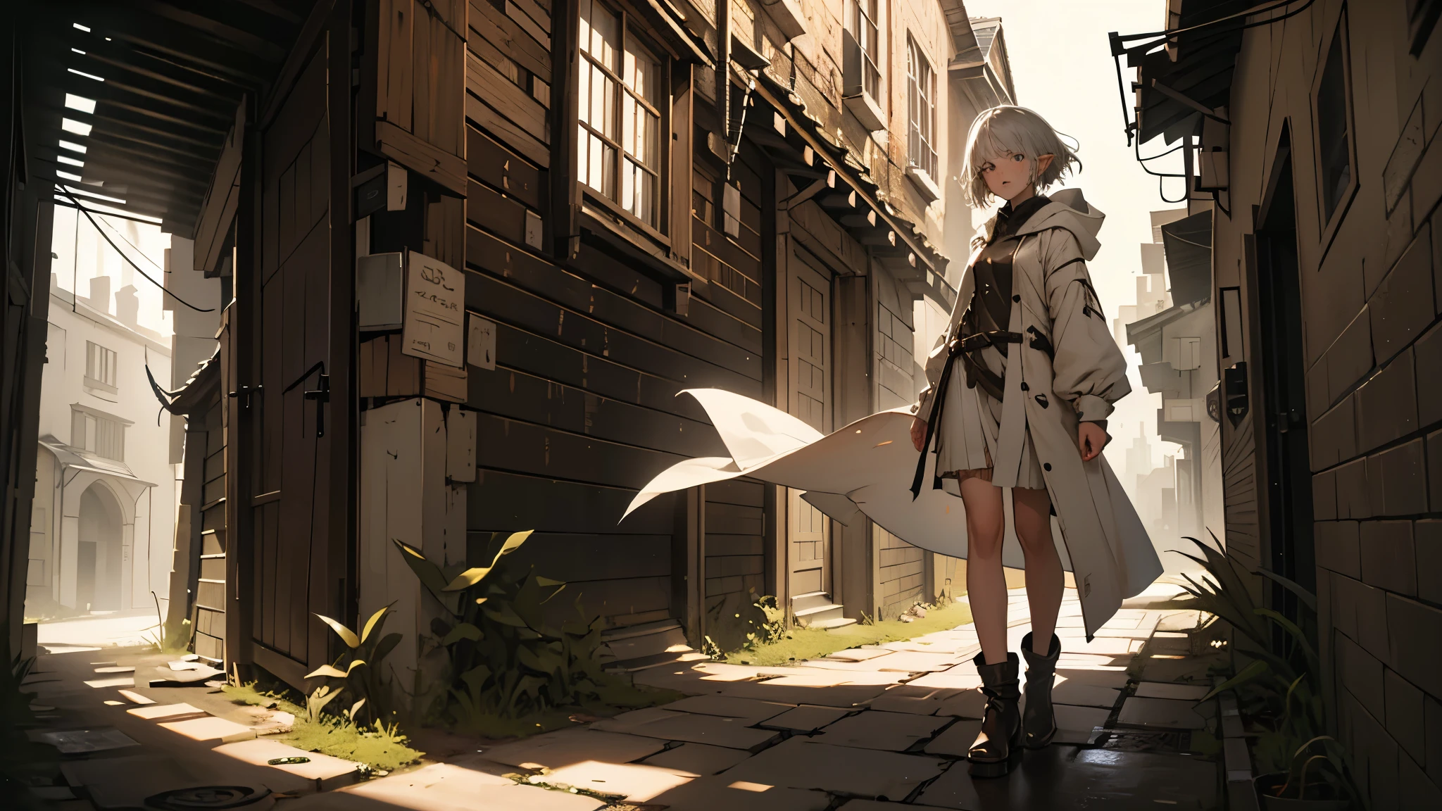 masterpiece, ultra detailed, 8K Portrait, Raw photo, a portrait photo of girl, Highly detailed face, beautiful and meticulous eyes, ((Fantasy)), (elf:1.0), 1girl, 10 year old, young girl, little, gray short hair, brown eyes, Kind face, skinny, (dirty and tattered clothes), dirty and tattered hooded long white coat Fluttering in the wind, ((bare foots)), Midday Sun, Hyper realistic, in a medieval back alley, Ambient lighting, Shadow details , strong breeze, Light fog