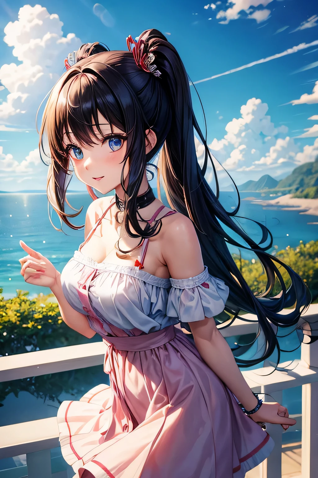 Full Body Shot、oil、masterpiece、Highest quality、High resolution、Brown Hair、length、ponytail、small、Fluffy chiffon skirt、White knee-length skirt、beach、coastal、blue sky、Pink camisole、university student、smile
