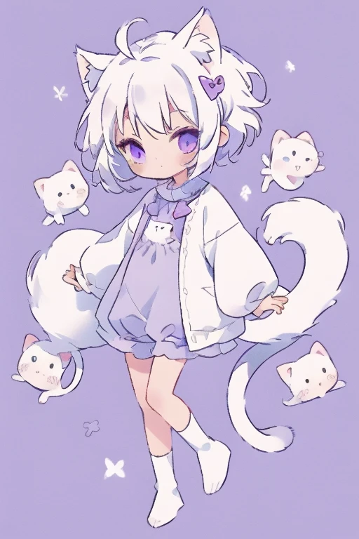 masterpiece, best quality, detailed background, detailed clothes, cute, small, oversized clothes, white hair, short hair, white fluffy cat tail, white cat ears, small size, full body, purple eyes, fluffy, fluff ears, solo, long sleeves, detiled, A girl, kawaiitech, pastel colors, kawaii, cute colors