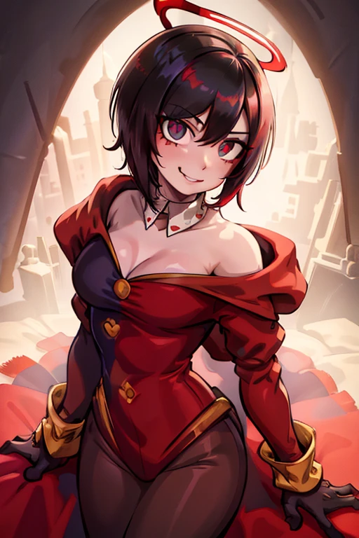 ruby rose, rwby, solo, close-up, portrait, looking at viewer, come hither, seductive smile, naughty face, lips, multicolored hair, two-tone hair, gradient hair, black hair, short hair, colored tips, spiky hair, grey eyes, glowing eyes, halo, tanned, biceps, toned, black eyeshadow, corset, red cloak, masterpiece, natural lighting, photorealistic, beautiful eyes, smooth skin, sharp focus, highly detailed, best quality, ultra detailed, absurdres, extremely detailed eyes