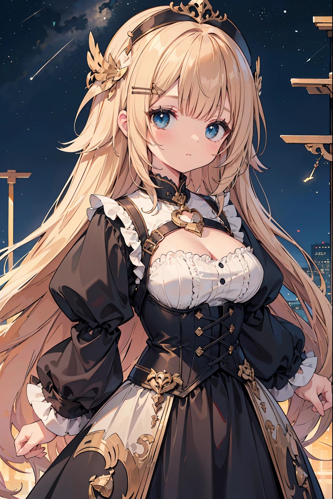 (Disorganized, absolute resolution, Super detailed、best quality、masterpiece), 1 girl, Goddess of constellations , Solitary, Mature body, Baroque, Long skirt, Corset、Long sleeve, elegant, rich and colorful, The finest details, Upper body , Front Bob Hairstyle、Weaving、Hairpin、 .. brave, intentionally, Productivity, The progressive face of humanitarian aid .Delicate and detailed background,Depth
