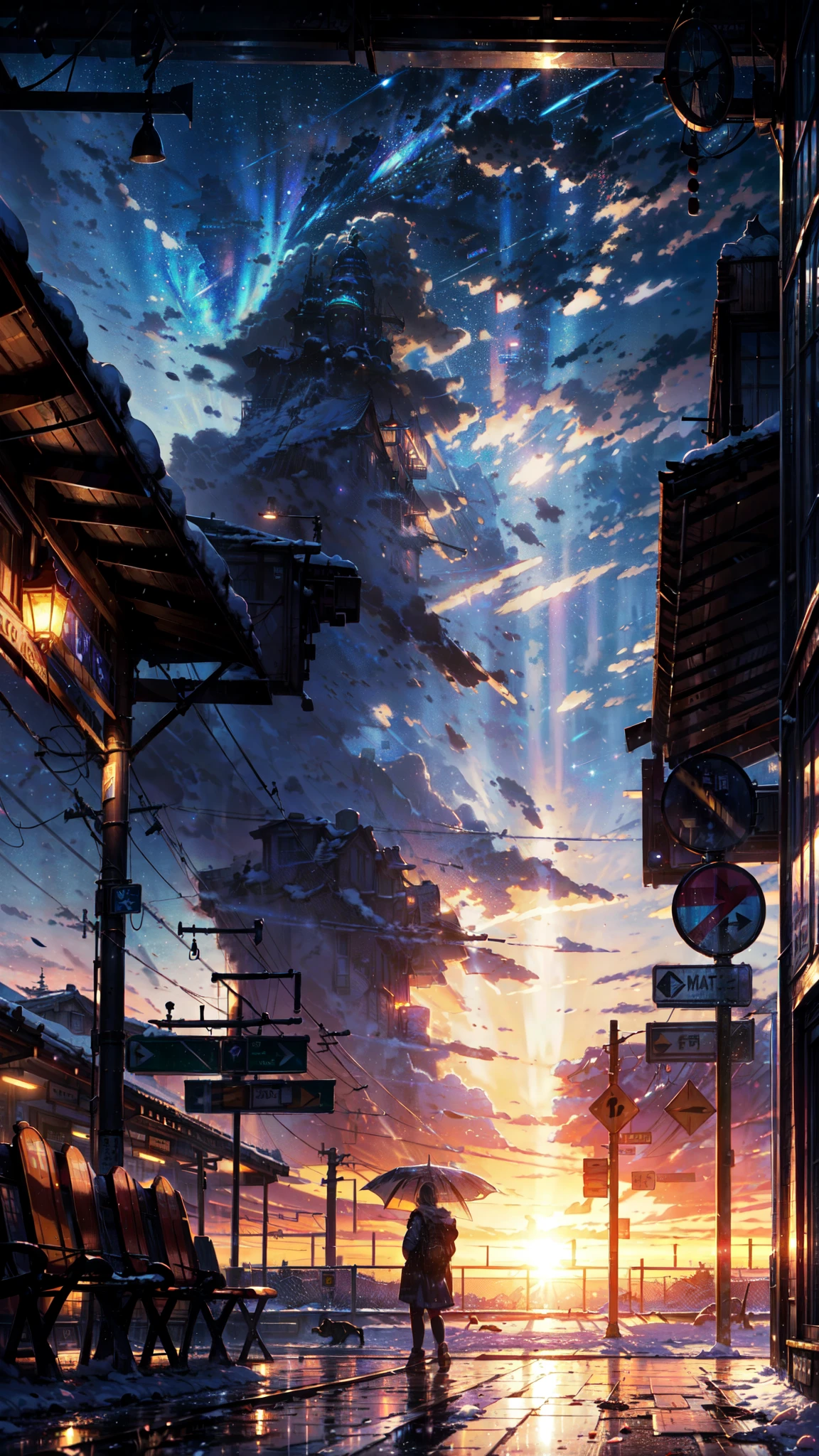 masterpiece, concept art,  train station in the rain at night, a detailed matte painting, by Makoto Shinkai, featured on pixiv, photorealism, night starry sky full of cats, watching the sun set. anime, wlop hdr, from arknights, wide-screen, white snow, ( ( thomas kinkade ) ), artstatiom, 'the end, very long