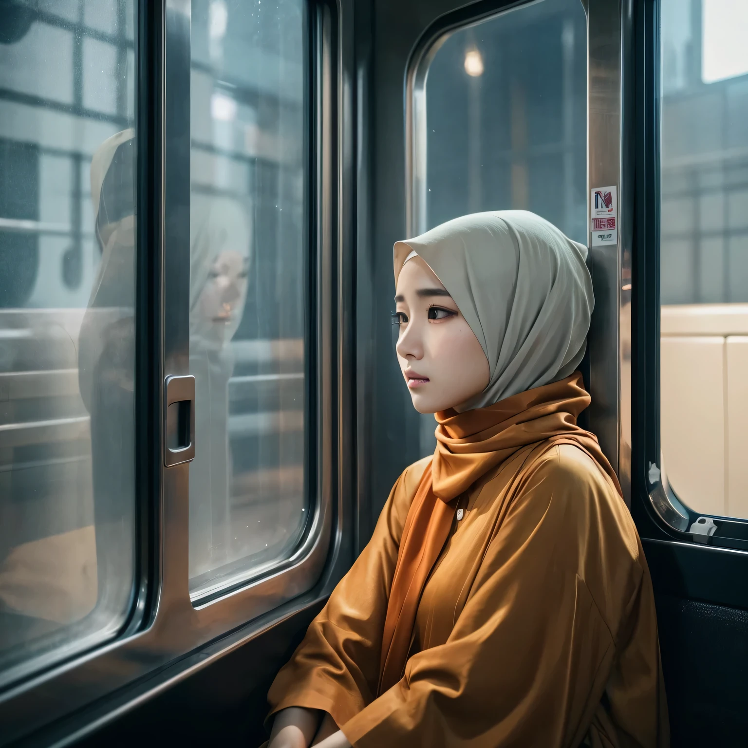 asian girl in long dress and hijab, sitting in train leaning against window, sad expression,longing,korean drama scene, beautiful detailed eyes, beautiful detailed lips, extremely detailed eyes and face, long eyelashes, photorealistic, 8k, ultra-detailed, masterpiece, vibrant colors, dramatic lighting, moody atmosphere, cinematic, emotional