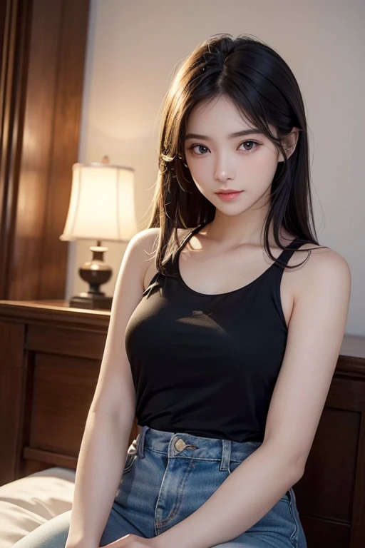 very beautiful girl; 
Age: from 18-20 years old;
Image quality: masterpiece, Highest quality, non-NSFW, 8K CG HD, high solution, Super nice graphics, professional, detail, colourful, ultrafine, advanced techniques, RAW chân thực;
light: complex color combinations, black gold rays;
sunlight: twinkle, illuminate the girl&#39;s body;
((Photos are lifelike:1.2)), ((High resolution:1.2)); a girl with a perfect body; mặt và mắt ultrafine:1.2; long hair; Tank tops come in random colors: 1.2; quần jean ngắn;  have random sizes; Deep chest slit;