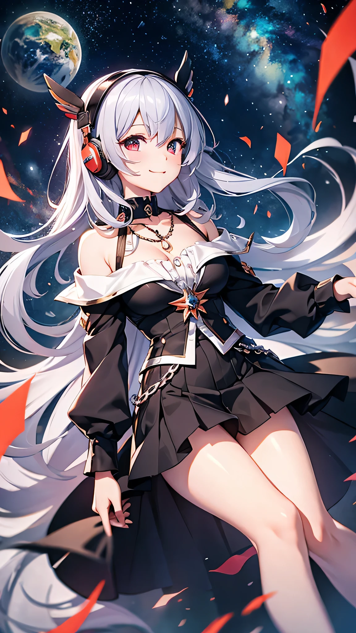 Highest quality、Highest quality、Masterpiece、girl((20-year-old、as soon as、Highest Bust、Medium Bust、Wide open chest、Red glowing eyes、Silver Hair、Red Mesh、Disheveled Hair、Loincloth、thin、The best valley、Open chest、hair ornaments、Full body view、Black Universe Suit、Black Skirt、Random Pause、smile、headphone、Chain Accessories、necklace))、high quality、Beautiful Art、background((Collapsing Ground、no gravity、Floating Object、shooting star、universe、comet))、Depth((Earth))、flight、Flying Debris、Depth of text、movie、Visual Arts、Perfect Art、8K、Genuine、Special Angles