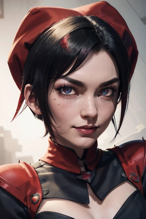 ruby rose, rwby, solo, close-up, portrait, looking at viewer, come hither, seductive smile, naughty face, lips, multicolored hair, two-tone hair, gradient hair, black hair, short hair, colored tips, spiky hair, grey eyes, glowing eyes, halo, tanned, biceps, toned, black eyeshadow, corset, red cloak, masterpiece, natural lighting, photorealistic, beautiful eyes, smooth skin, sharp focus, highly detailed, best quality, ultra detailed, absurdres, extremely detailed eyes