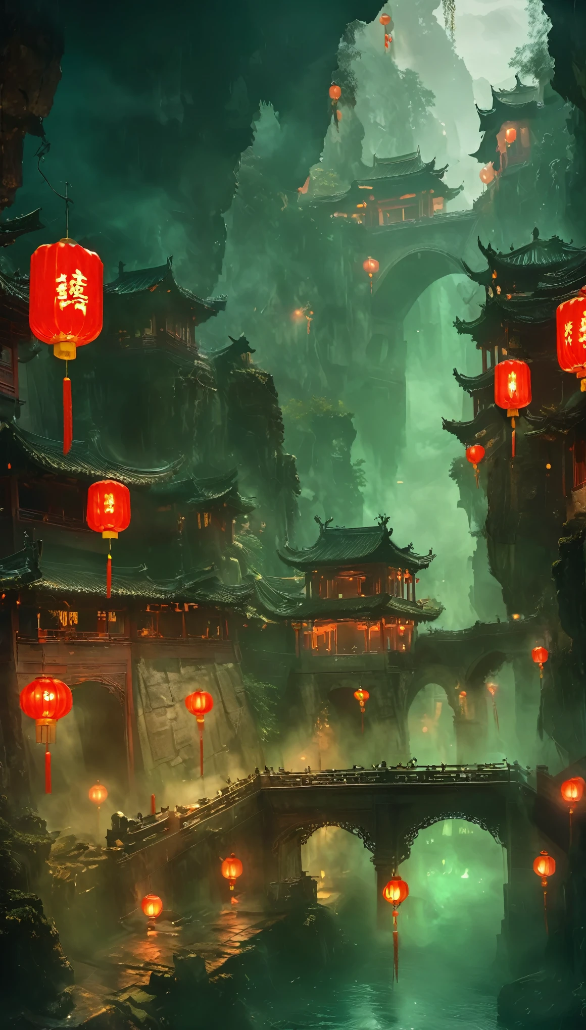 a haunting chinese ghost story, eerie chinese architecture, qixi festival, green ghostly soup, menpo bridge, menpo serving soup, escorting ghosts, iron chains, dark moody lighting, cinematic, horror, atmospheric, surreal, mysterious, detailed