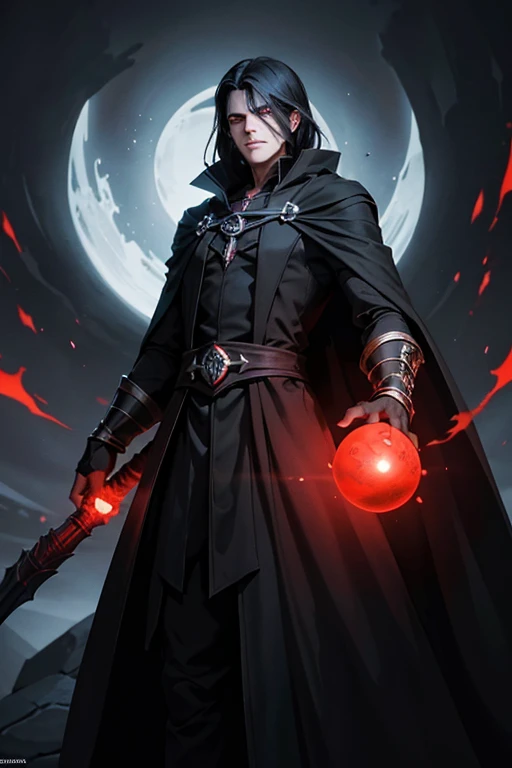 "Draw a shadow sorcerer. He is a tall man with black hair and glowing red eyes. He wears a black cloak that appears to be made of shadows and is surrounded by an aura of dark energy. Malakar is in a shadowy setting, with the Tree of Desires in the background, enveloped in dark energy."