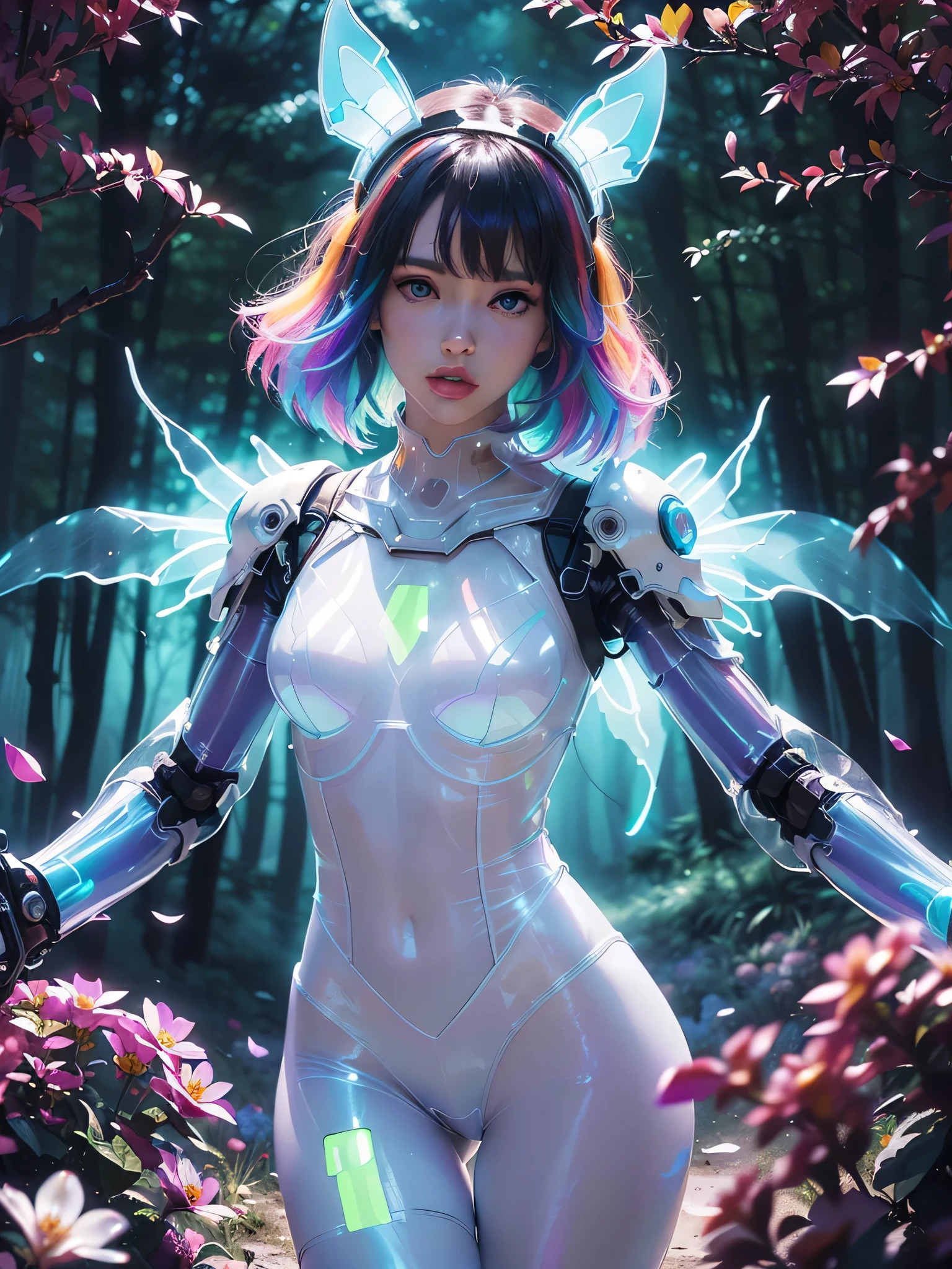 Unbeatable tmasterpiece, ultra real photo , Perfect artwork , Complicated details , Best quality , strong lights , hight contrast , dynamicposes , holland angle , (bblurry, depth of fields, bblurryforeground:1.35) ,1girl , solo , walking , dutch angle , serious , v-shapedeyebrows , mecha , mecha musume ,mechanical parts , mechanical limbs ,mechanical joints , mechanical spine ,headgear , black hair , wavy hair , long hair ,(blunt bangs) , floating hair , purple eyes ,white pupils,( lens flare glow:1.25), (Glowing ambiance, enchanting radiance, luminous lighting, ethereal atmosphere, mesmerizing glow, evocative hues, captivating coloration, dramatic lighting, enchanting aura:1.7),(mechanical_background:1.5),(((mecha tiara))), (transparent PVC luminous bodysuit:1.8), glow, pale skin, colorful neon, long exposure, motion blur, (Glowing ambiance, enchanting radiance, luminous lighting, ethereal atmosphere, mesmerizing glow,colorful aurora , (colorful flower ,Colorful petals , Colored Forest:1.5) ,