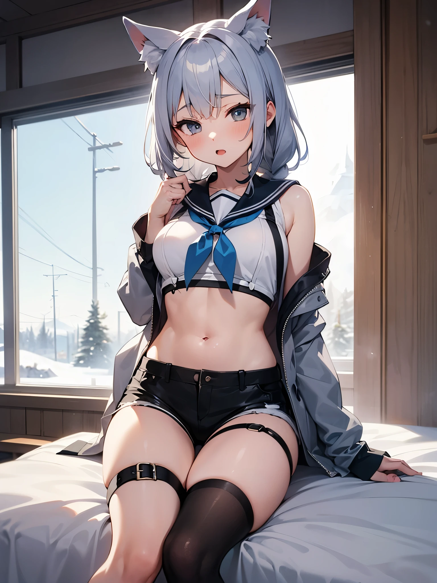 NSFW,One girl,Snowstorm、White blouse、[abdomen::12]、Sleeveless、Black shorts、Blue neckerchief、Thigh straps、Single knee socks、Gray Hair、One side braided,（Fox&#39;s Tail：1.2）,(Perfect hands),(Perfect Anatomy),(masterpiece),(highest quality),Embarrassed,blush,In heat,(Ecstasy face:1.5),(orgasm:1.5),(One man:1.5),(Having sex:1.5),Side view,train