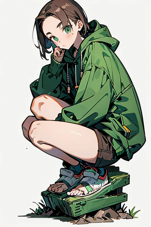 eye, exposed ,、juvenile, Forehead、 green_eye, Brown_hair, Hello, have, Jacket、hoodie、Shoulder Bare、Large hood、Brownのhair, Shorts、feet、Thighs、white background, full body