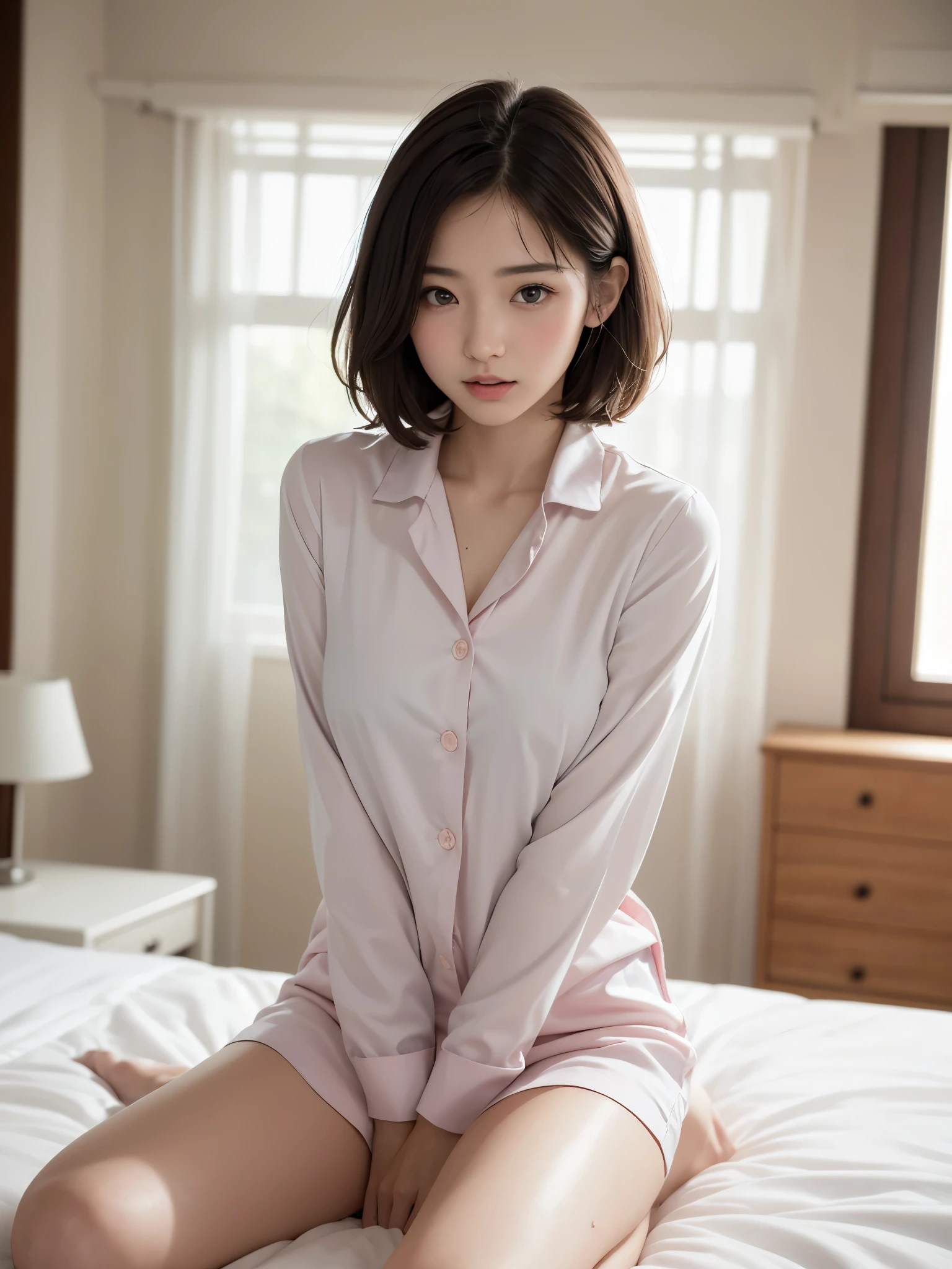 (High resolution、8k:1.3)、(highest quality、Ultra-realistic as a photo:1.3)、(masterpiece:1.3)、Very nice finish、Sharp focus, 超High resolutionの顔、The face is in focus、Ultra high definition and beautiful eyes、Eyes are symmetrical:1.3、High quality and beautiful skin、Firm Skin、Japanese Girls, very cute、18-year-old、(nurse、nurse), (白いnurse服、白いnurseの制服), Sitting、On the bed、Thighs、Contemptuous eyes、very cute、Natural Makeup, Glossy lips、(Wet eyes:1.1), (blush:1.3), (Embarrassing:1.3)、short hair, messy hair, Staring at the audience, (Hide your chest with your own arms:1.1)