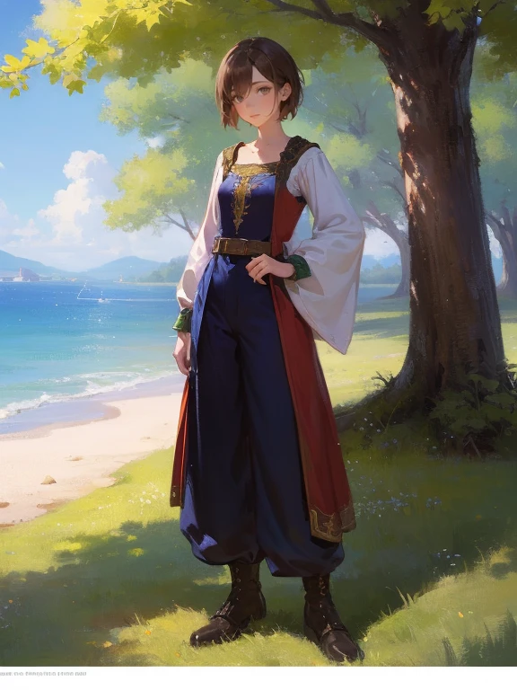 masterpiece, best quality, rpg character art, epic fantasy art style, 1 girl, Vera, 14-year-old teenager, hands behind her back, youthful appearance, full body fantasy concept art, short brown hair, hazel eyes, high detail, light casual medieval clothes (simple dress and pants), intricate details, ultra high resolution, sharp focus, HD, 8k, clear facial features, clear details, the background is an open field, zoomed out view, looking at the viewer