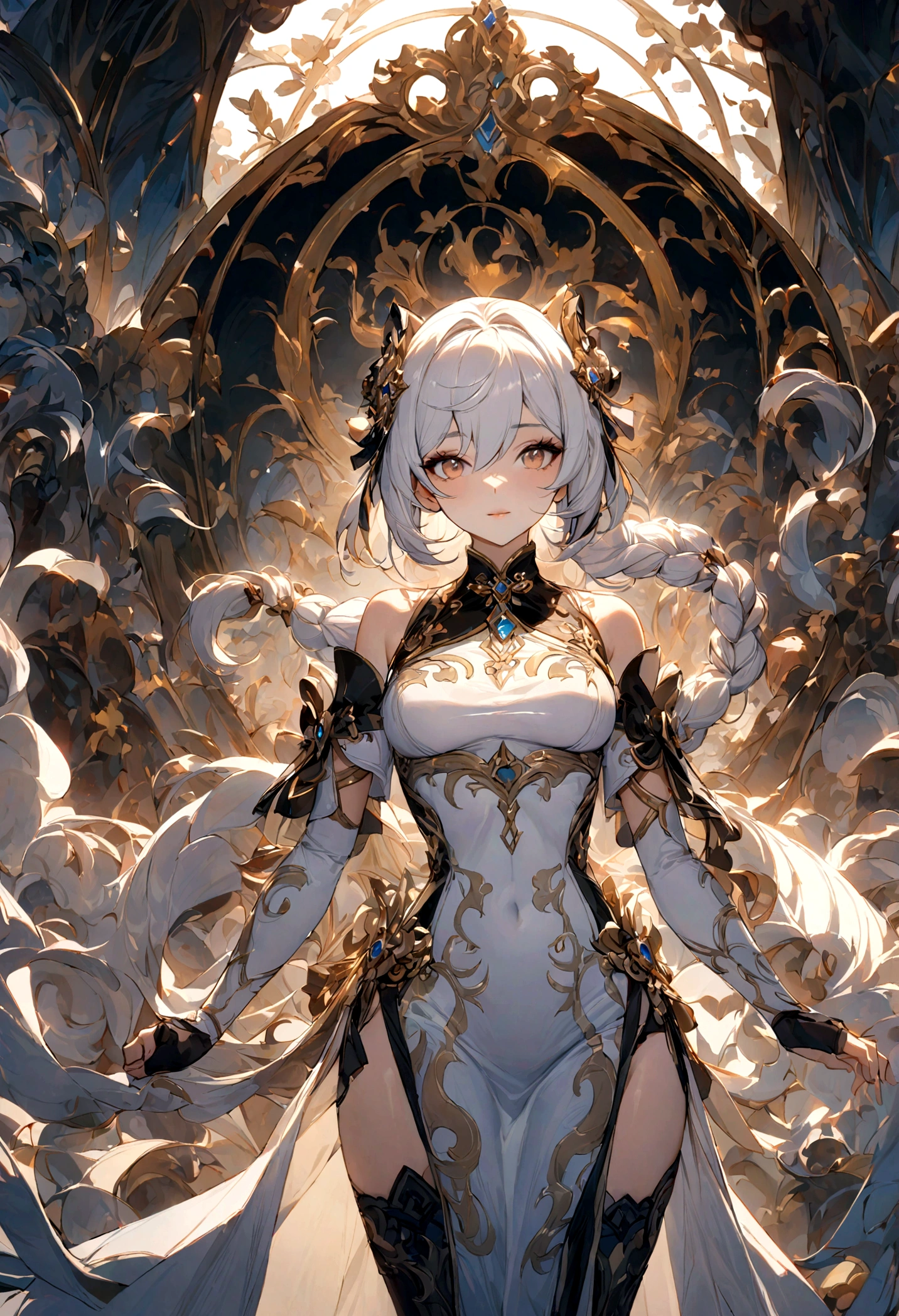 Genshin Impact，Shen He，girl，Cold and beautiful aunt，A long white braid，Perfect body，Black and white Chinese cheongsam，Dignified and intellectual，Second Dimension，Octane Rendering，masterpiece，Highest quality，Ultimate details,8K resolution