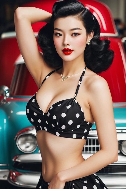 (1 korean young girl), big breasts, strikingly beautiful, delicate facial features, porcelain skin, expressive eyes, black hair, red lips, (hairstyle of the 1950s), Generate a high-resolution image featuring a glamorous pin-up girl in a retro style. The girl should exude confidence and sensuality while posing in a vintage fashion reminiscent of the 1950s. Incorporate classic elements such as red lipstick, a polka-dot bikini, and wavy, voluminous hair. Surround the pin-up girl with subtle cues of the era, like a hot rod car in the background and a jukebox on the side. Ensure the lighting enhances the overall aesthetic, giving the image a warm, nostalgic feel. Capture the essence of classic pin-up art with a modern twist, combining allure and timeless elegance. (full body:1.5)