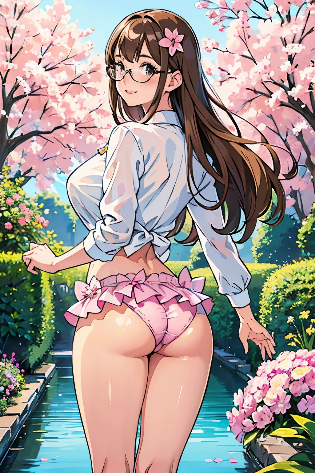 masterpiece, best quality, ultra-detailed, illustration, detailed light, happy, blush, Highlights hair, beautiful detailed body, detailed sparkling eyes, 1woman looking back, pink transparent bikini, her hip, glasses, full view of buttocks, showing buttocks, bare thighs, in flower garden, smile, tan skin, You Watanabe, white shirt