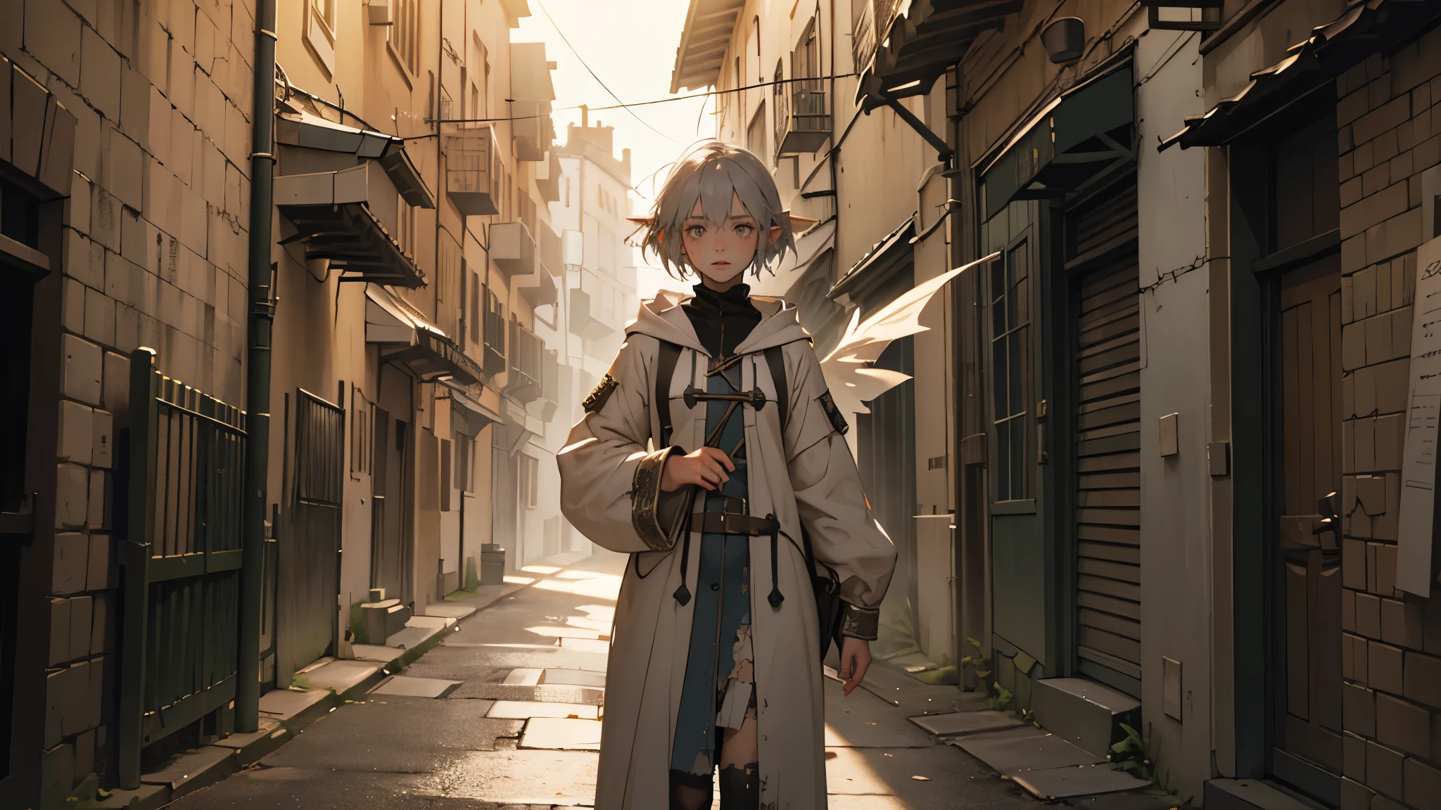 masterpiece, ultra detailed, 8K Portrait, Raw photo, a portrait photo of girl, Highly detailed face, beautiful and meticulous eyes, ((Fantasy)), (elf:1.0), 1girl, , young girl, little, gray short hair, brown eyes, Kind face, skinny, (dirty and tattered clothes), dirty and tattered hooded long white coat Fluttering in the wind, ((bare foots)), Midday Sun, Hyper realistic, in a medieval back alley, Ambient lighting, Shadow details , strong breeze, Light fog