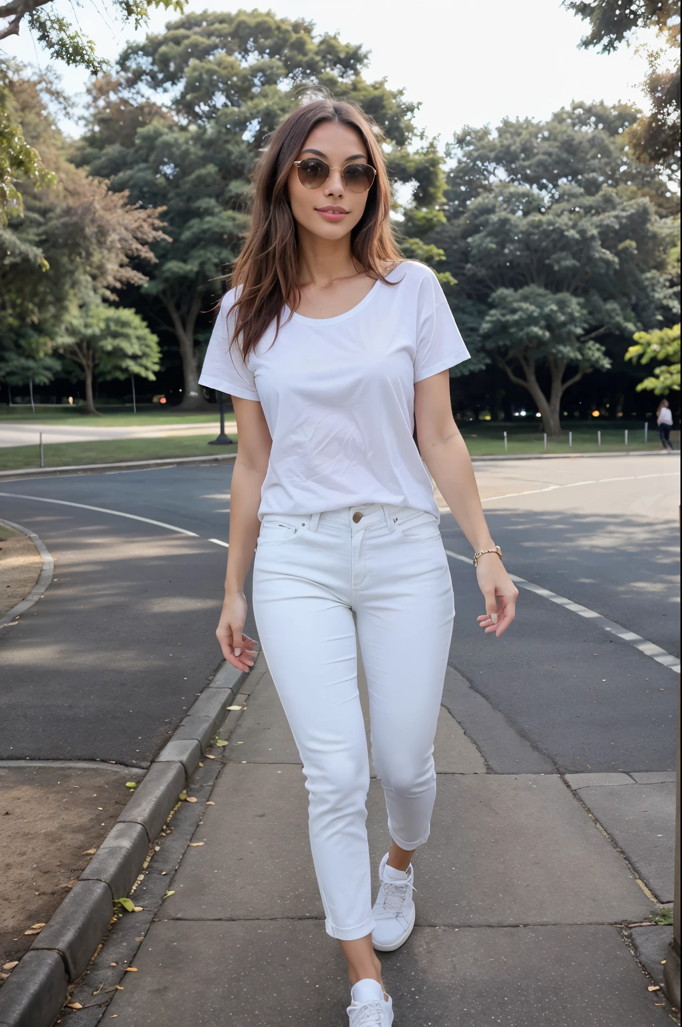 In this vibrant image, a 26-year-old woman enjoys a sunny afternoon in the park, immersing herself in the life of a millionaire with elegance and youthful style. Her straight brown hair falls softly over her shoulders, and a radiant smile lights up her face, projecting a mix of freshness and happiness.

Dressed in a casual and modern ensemble, consisting of a white designer T-shirt and fashionable skinny jeans, her style reflects her relaxed yet sophisticated attitude. Wearing designer sneakers and stylish sunglasses, she walks confidently through the park.

The photography, captured in 8K HD, highlights every detail of the park's vibrant, green environment. The model, with her slender figure and elegant posture, is shown enjoying a ride on her electric skateboard, demonstrating her skill and sense of adventure. With a charming smile and sparkling gaze, she radiates the free and fun spirit of a life full of luxury and excitement.

The image perfectly captures the combination of youth and sophistication, showing the model in a moment of pure fun and style. Her captivating charisma and elegant demeanor embody the essence of a millionaire's life, always at the forefront of fashion and the coolest activities.