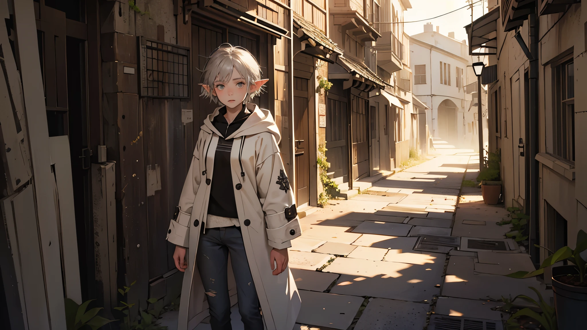 masterpiece, ultra detailed, 8K Portrait, Raw photo, a portrait photo of girl, Highly detailed face, beautiful and meticulous eyes, ((Fantasy)), (elf:1.0), 1girl, 10 year old, young girl, little, gray short hair, brown eyes, Kind face, skinny, (dirty and tattered clothes), dirty and tattered hooded long white coat Fluttering in the wind, ((bare foots)), Midday Sun, Hyper realistic, in a medieval back alley, Ambient lighting, Shadow details , strong breeze, Light fog