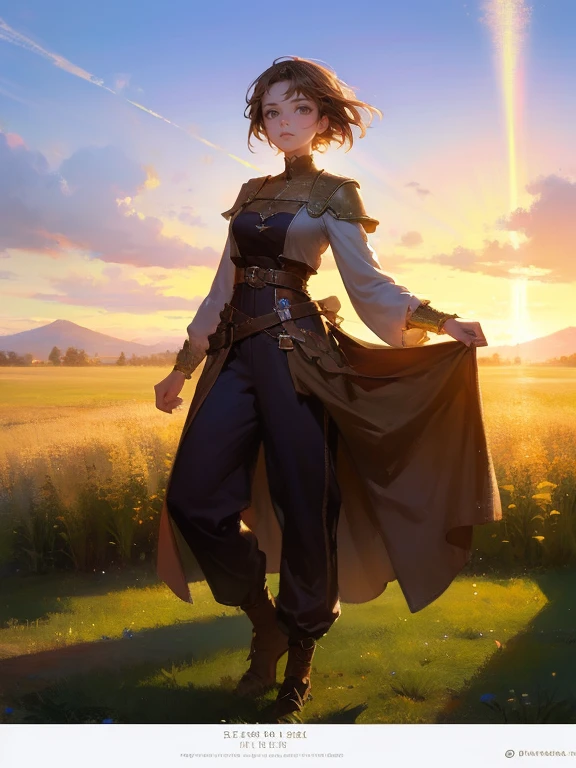 masterpiece, best quality, rpg character art, epic fantasy art style, 1 girl, Vera, 14-year-old teenager, hands behind her back, youthful appearance, full body fantasy concept art, short brown hair, hazel eyes, high detail, light casual medieval clothes (simple dress and pants), intricate details, ultra high resolution, sharp focus, HD, 8k, clear facial features, clear details, the background is an open field, zoomed out view, looking at the viewer