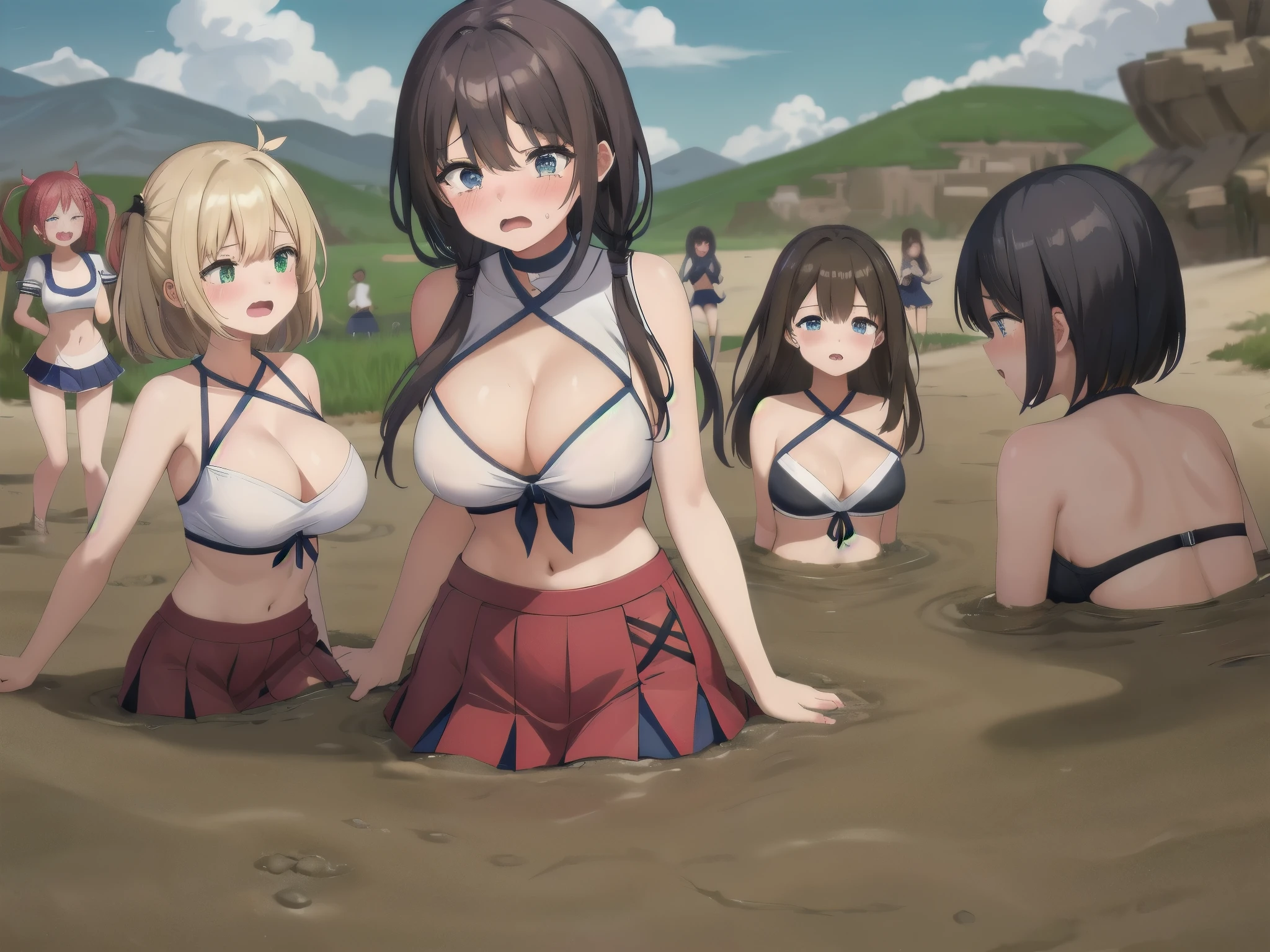 best quality, female, multiple girls, group tied up, group submerged, front view, muddy, cheerleaders, cleavage, large breasts, wasteland, desert, best quality, sinking, quicksand, 6girls, crowded, close up, sand, slender, 6 girls, tears, blush, drowning, waist deep, 6 girls in quicksand, top, desertscape, 6girls together, scream, struggling, 6 girls drowning, 6 girls wrapped by quicksand, aichan, klaudia valentz