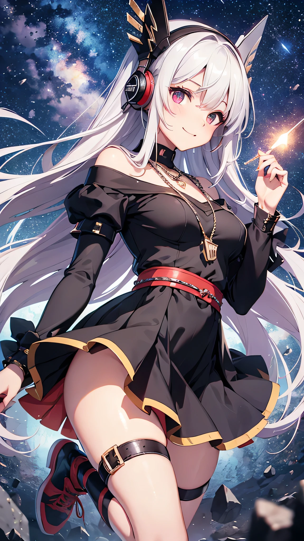Highest quality、Highest quality、Masterpiece、girl((20-year-old、as soon as、Highest Bust、Medium Bust、Wide open chest、Red glowing eyes、Silver Hair、Red Mesh、Disheveled Hair、Loincloth、thin、The best valley、Open chest、hair ornaments、Full body view、Black Universe Suit、Black Skirt、Random Pause、smile、headphone、Chain Accessories、necklace))、high quality、Beautiful Art、background((Collapsing Ground、no gravity、Floating Object、shooting star、universe、comet))、Depth((Earth))、flight、Flying Debris、Depth of text、movie、Visual Arts、Perfect Art、8K、Genuine、Special Angles
