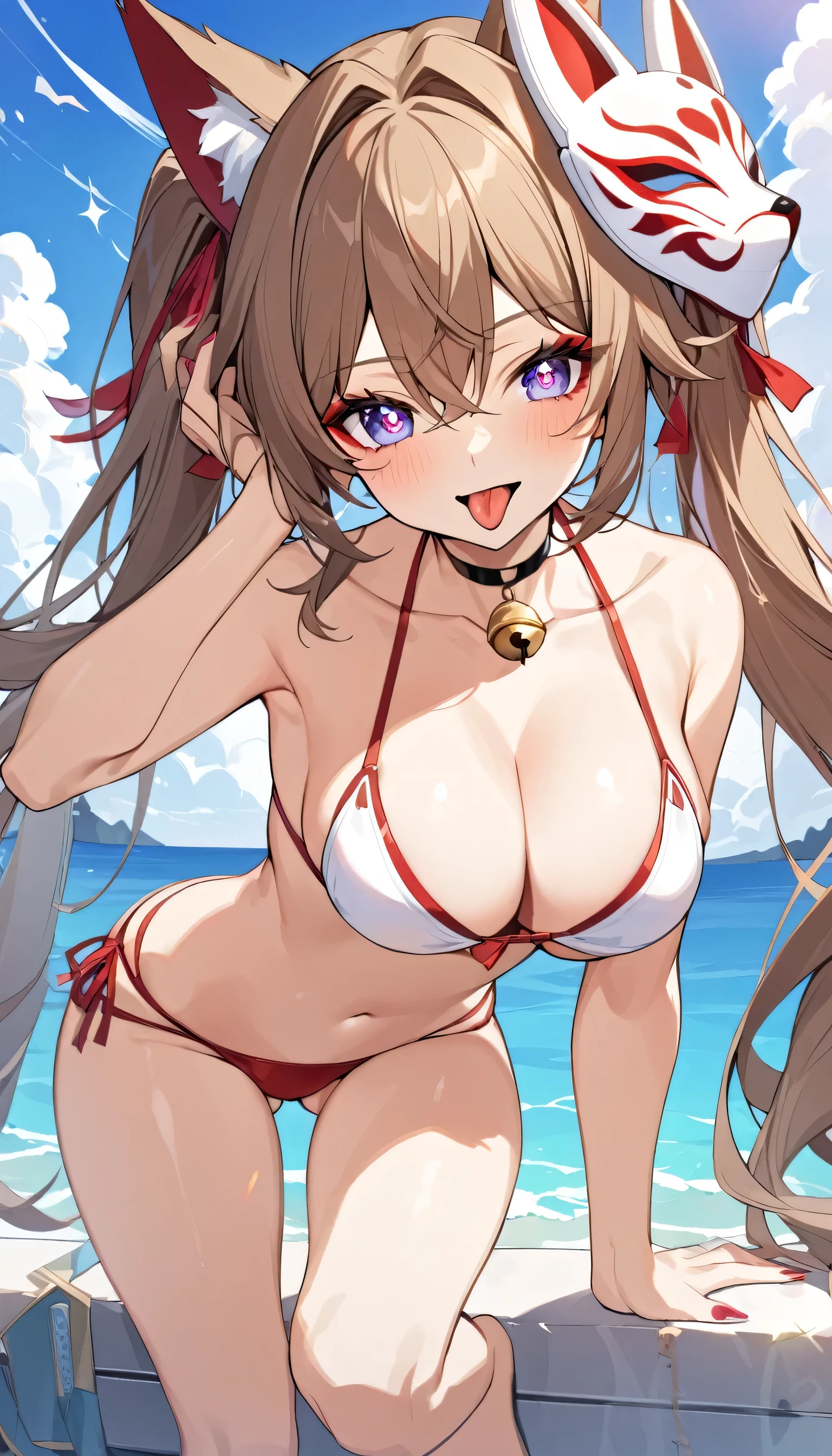 1girl, sparkle_(honkai_star_rail), breasts, swimsuit, solo, long_hair, bikini, red_bikini, cleavage, bell, brown_hair, twintails, large_breasts, navel, mask, looking_at_viewer, choker, very_long_hair, nail_polish, mask_on_head, bare_shoulders, jingle_bell, multi-strapped_bikini, open_mouth, bare_arms, outdoors, string_bikini, thighs, black_choker, stomach, halterneck, barefoot, fox_mask, red_nails, tattoo, tongue, day, ribbon, hair_ribbon, sky, purple_eyes, bangs, tongue_out, blue_sky, collarbone, symbol-shaped_pupils, ass_visible_through_thighs, neck_bell, makeup, hand_up, pink_nails