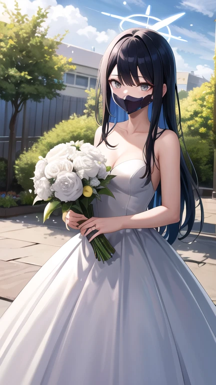 masterpiece, best quality, highres, aasaori, halo, long hair, black hair, mouth mask, black mask, garden, confetti, standing, holding bouquet, wedding dress,