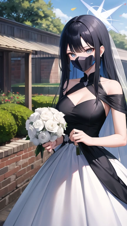 masterpiece, best quality, highres, aasaori, halo, long hair, black hair, mouth mask, black mask, garden, confetti, standing, holding bouquet, wedding dress,