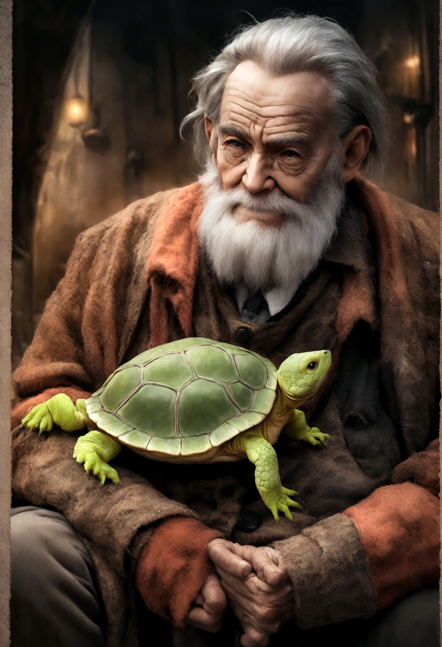 Photo style,Kind old man,Holding,One,Turtle Cat
