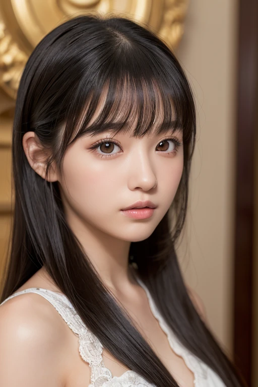 (High resolution:1.3), (16k, Photorealistic, Raw photo, Best image quality: 1.4), Japanese, (One Girl), Beautiful Face, (A vivid face), (Black-haired、Long Hair:1.3、bangs:1.2), (Black Eyes 1.3), Beautiful Hairstyles, Realistic eyes, Beautifully detailed eyes, (Realistic Skin), Beautiful skins, attractive, 超A high resolution, Surreal, High detail, Golden Ratio, Highly detailed background, Realistic Background, Focus on the whole, Highly detailed cute girl,(20-year-old), room