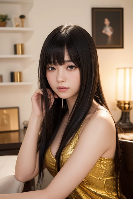 (High resolution:1.3), (16k, Photorealistic, Raw photo, Best image quality: 1.4), Japanese, (One Girl), Beautiful Face, (A vivid face), (Black-haired、Long Hair:1.3、bangs:1.2), (Black Eyes 1.3), Beautiful Hairstyles, Realistic eyes, Beautifully detailed eyes, (Realistic Skin), Beautiful skins, attractive, 超A high resolution, Surreal, High detail, Golden Ratio, Highly detailed background, Realistic Background, Focus on the whole, Highly detailed cute girl,(20-year-old), room