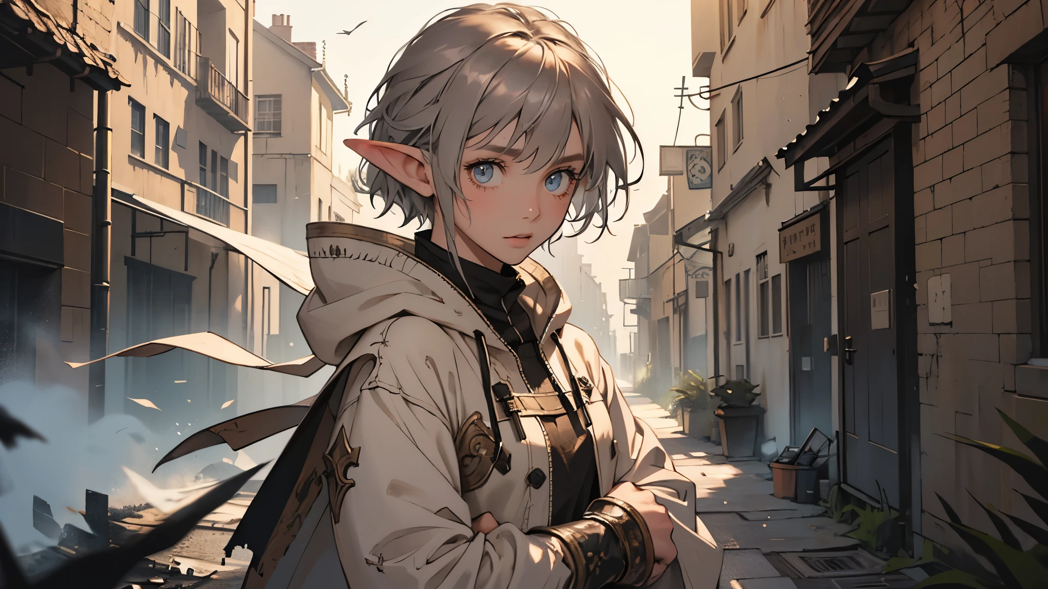 masterpiece, ultra detailed, 8K Portrait, Raw photo, a portrait photo of girl, Highly detailed face, beautiful and meticulous eyes, ((Fantasy)), (elf:1.0), 1girl, , young girl, little, gray short hair, brown eyes, Kind face, skinny, (dirty and tattered clothes), dirty and tattered hooded long white coat Fluttering in the wind, ((bare foots)), Midday Sun, Hyper realistic, in a medieval back alley, Ambient lighting, Shadow details , strong breeze, Light fog