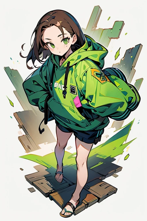eye, exposed , , Forehead、 green_eye, Brown_hair, Hello, have, Jacket、hoodie、Shoulder Bare、Large hood、Brownのhair, Shorts、feet、Thighs、white background, full body