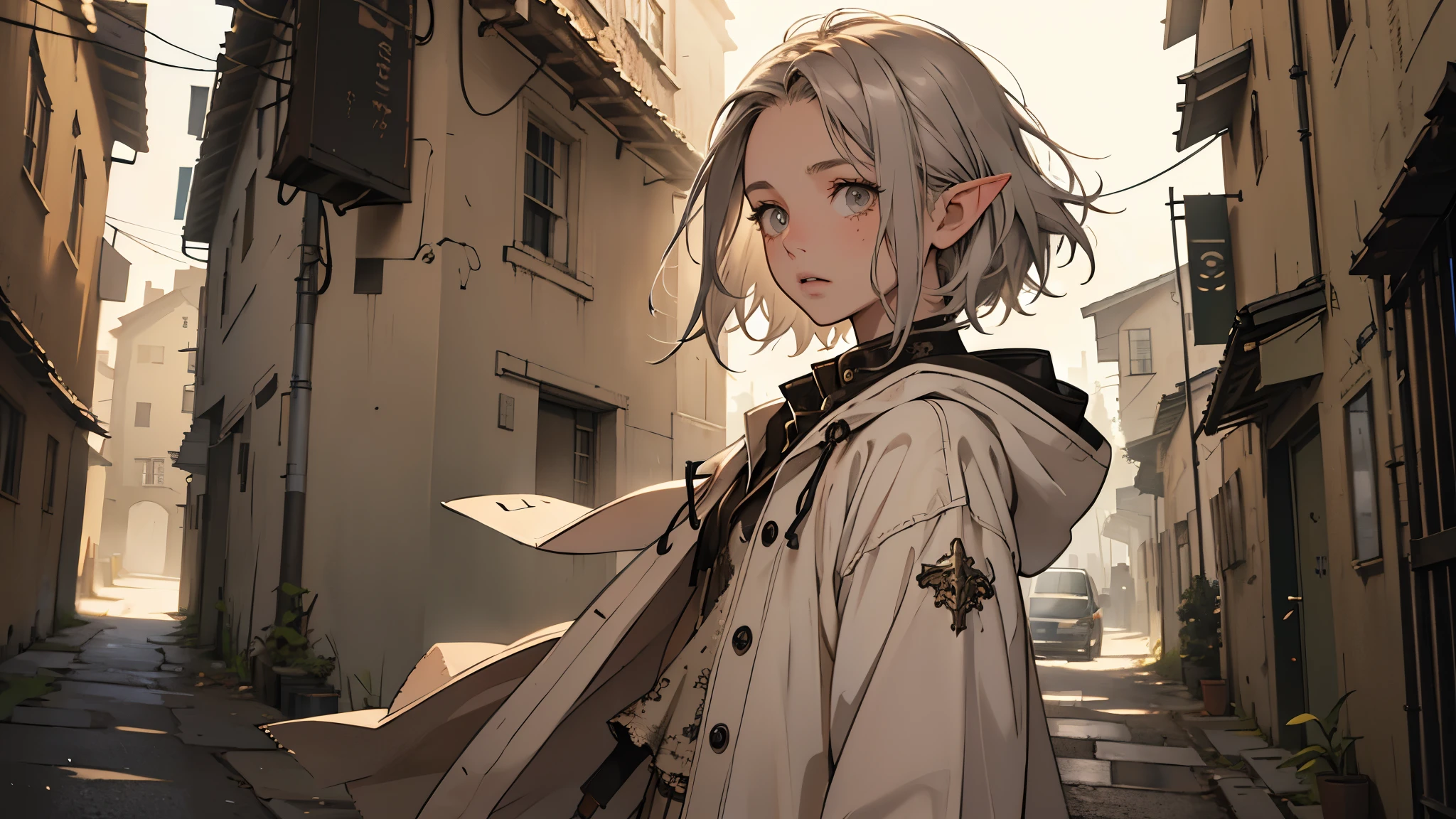 masterpiece, ultra detailed, 8K Portrait, Raw photo, a portrait photo of girl, Highly detailed face, beautiful and meticulous eyes, ((Fantasy)), (elf:1.0), 1girl, 10 year old, young girl, little, gray short hair, brown eyes, Kind face, skinny, (dirty and tattered clothes), dirty and tattered hooded long white coat Fluttering in the wind, ((bare foots)), Midday Sun, Hyper realistic, in a medieval back alley, Ambient lighting, Shadow details , strong breeze, Light fog