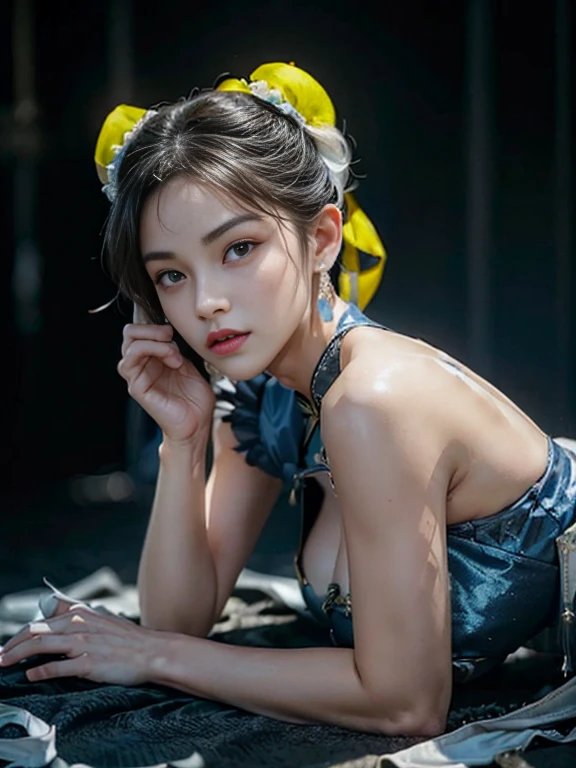 (((Fallen and lying down))),"(Exquisitely drawn CG Unity 8k wallpaper, Masterpiece quality with stunning realism), (Best lighting, Best Shadow), (highest quality), (Elegant and devilish style:1.2), Artistic modern anime. Diagonal view, A close-up full-body portrait of a stunningly beautiful mature Chun-Li from Street Fighter。 ((Dark brown hair:1)), ((White lace-up boots:.5)), Dynamic pose, (Blue Chinese Dress:1.5), Great body, in china at night with neon lights, Shy and timid、Frivolous、sexy、Cute expression, the body is slim, Very decorative and detailed, Brown see-through pantyhose, Depth of field blur effect, night, Full Zoom, Action Portrait, Realistic. Cinema Lighting, Very detailed. highest quality, 4K, Better Hands, Perfect Anatomy, Shortening effect, Shy and timidsexyな表情, Your legs look short, (Sharp Eye:0.8), Surrounded by an ominous and dark atmosphere, Dramatic and striking lighting accents, Surreal fantasy feel". (Wearing white laced military boots:1), (night:1), (Side view:.5), (Lifted my butt:1), (metal spike bracelet:1), (Leaning forward:1), (White ribbon flowing from the hair bun:1.5) (Front view:1)