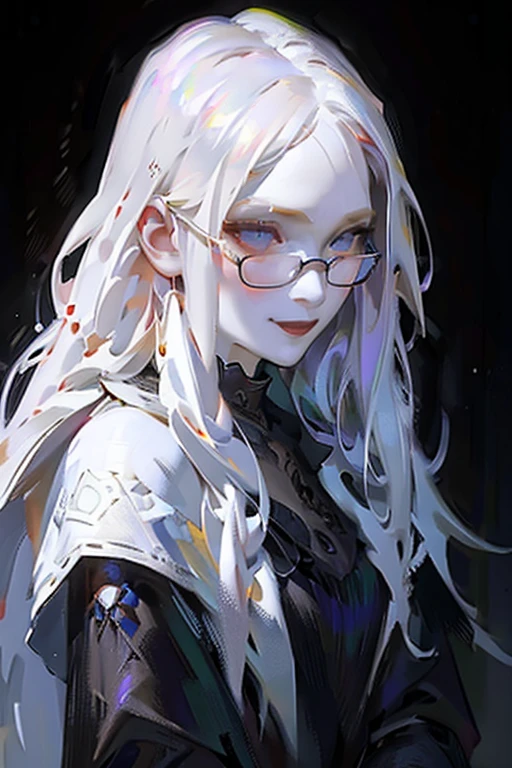 ((ultra realistic illustration:1.3)), (black clothing), Cute 18 yo (albino:1.4)woman of Slavic descent.(short:1.1), , long white hair, gray eyes, ((very pale:1.4)). Innocent look. Gentle spirit.(virgin), (joy:1.2),(smile:1.3). (Playful:1.2). Mascara, eyeglasses, red lipstick,  dress, (black pantyhose), pumps.Masterpiece, (highly detailed:1.2),(detailed face and eyes:1.2), 8k wallpaper, Moody lighting. core shadows, high contrast, bokeh.