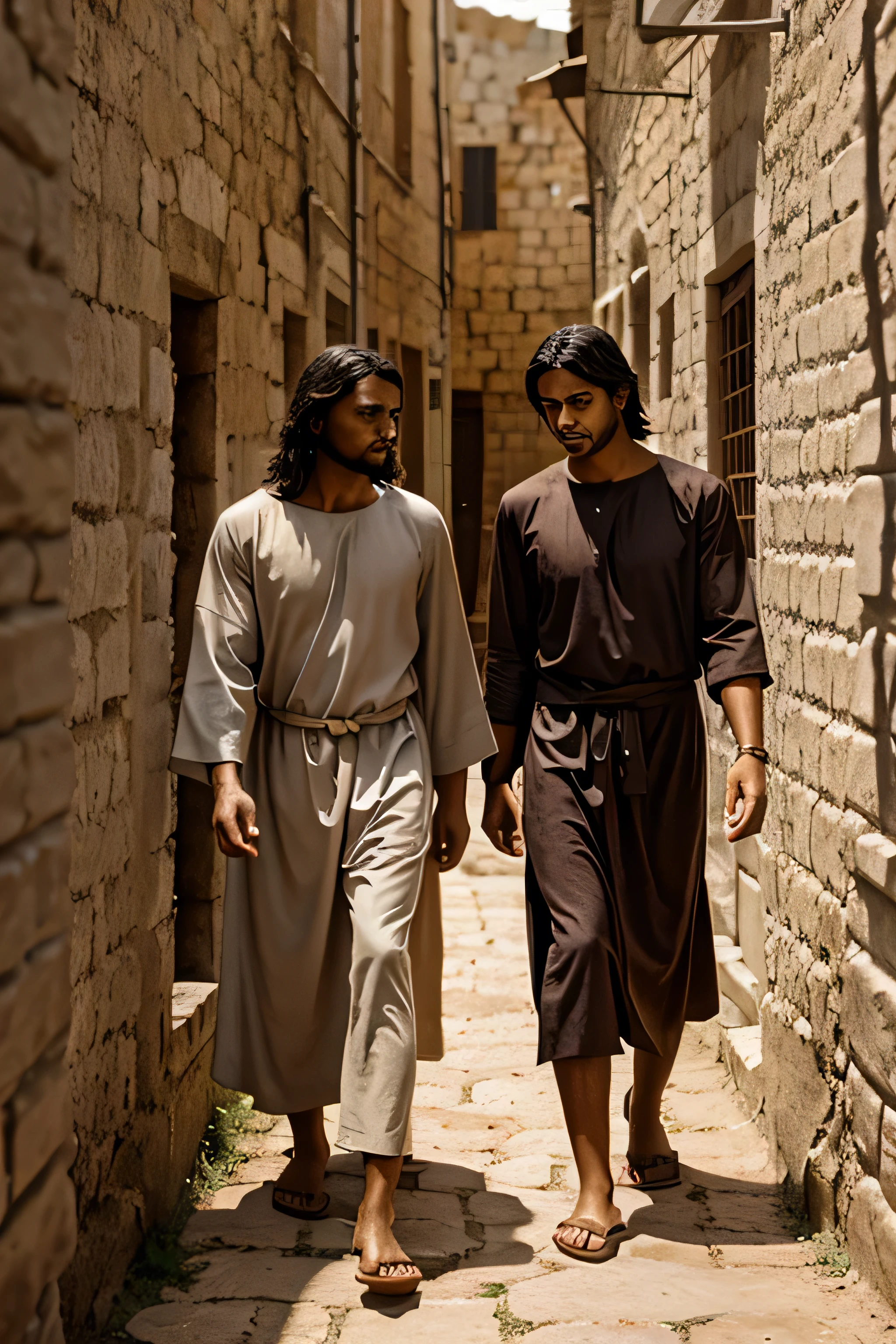 A young man walking alongside Christian Jesus of Nazareth on a narrow path.