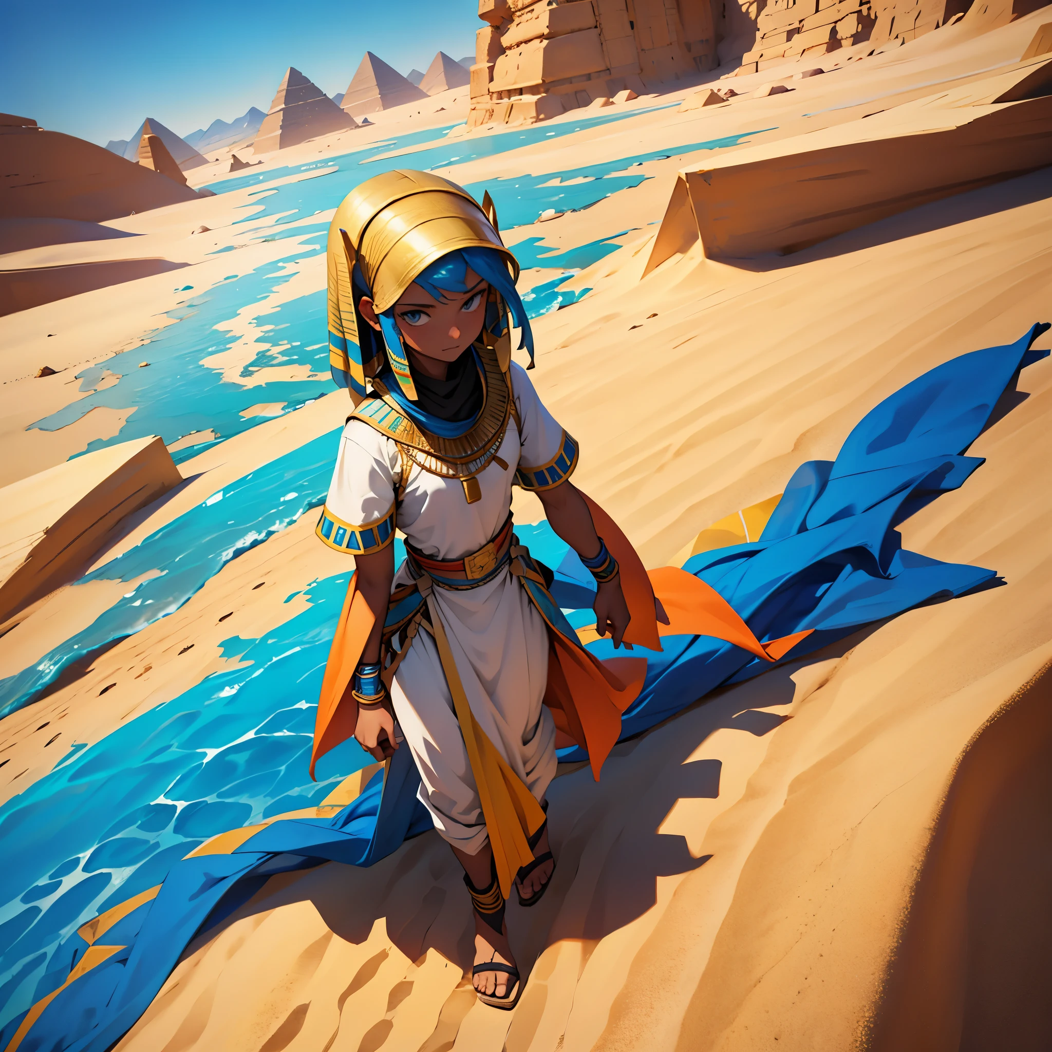generate an image with a desert and a character looking at the sand dressed in Egyptian clothes, small character in the right corner, sky color very blue