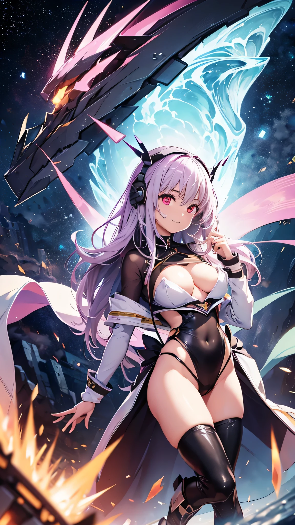 Highest quality、Highest quality、Masterpiece、girl((20-year-old、as soon as、Highest Bust、Medium Bust、Wide open chest、Red glowing eyes、Black Ear、Red Mesh、Disheveled Hair、Loincloth、thin、The best valley、Open chest、hair ornaments、Full body view、NSFW(Completely naked)、Random Pause、smile、Headphones embarrassed face))、high quality、Beautiful Art、background((Collapsing Ground、no gravity、Floating Object、shooting star、universe、comet))、Depth((Earth))、flight、Flying Debris、Depth of text、movie、Visual Arts、Perfect Art、8K、Genuine、Special Angles