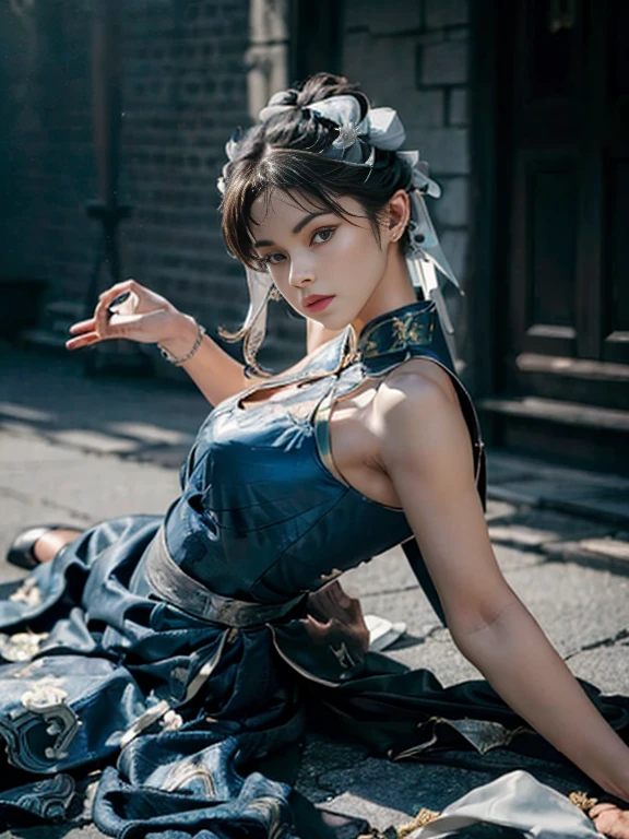 (((Fallen and lying down))),"(Exquisitely drawn CG Unity 8k wallpaper, Masterpiece quality with stunning realism), (Best lighting, Best Shadow), (highest quality), (Elegant and devilish style:1.2), Artistic modern anime. Diagonal view, A close-up full-body portrait of a stunningly beautiful mature Chun-Li from Street Fighter。 ((Dark brown hair:1)), ((White lace-up boots:.5)), Dynamic pose, (Blue Chinese Dress:1.5), Great body, in china at night with neon lights, Shy and timid、Frivolous、sexy、Cute expression, the body is slim, Very decorative and detailed, Brown see-through pantyhose, Depth of field blur effect, night, Full Zoom, Action Portrait, Realistic. Cinema Lighting, Very detailed. highest quality, 4K, Better Hands, Perfect Anatomy, Shortening effect, Shy and timidsexyな表情, Your legs look short, (Sharp Eye:0.8), Surrounded by an ominous and dark atmosphere, Dramatic and striking lighting accents, Surreal fantasy feel". (Wearing white laced military boots:1), (night:1), (Side view:.5), (Lifted my butt:1), (metal spike bracelet:1), (Leaning forward:1), (White ribbon flowing from the hair bun:1.5) (Front view:1)