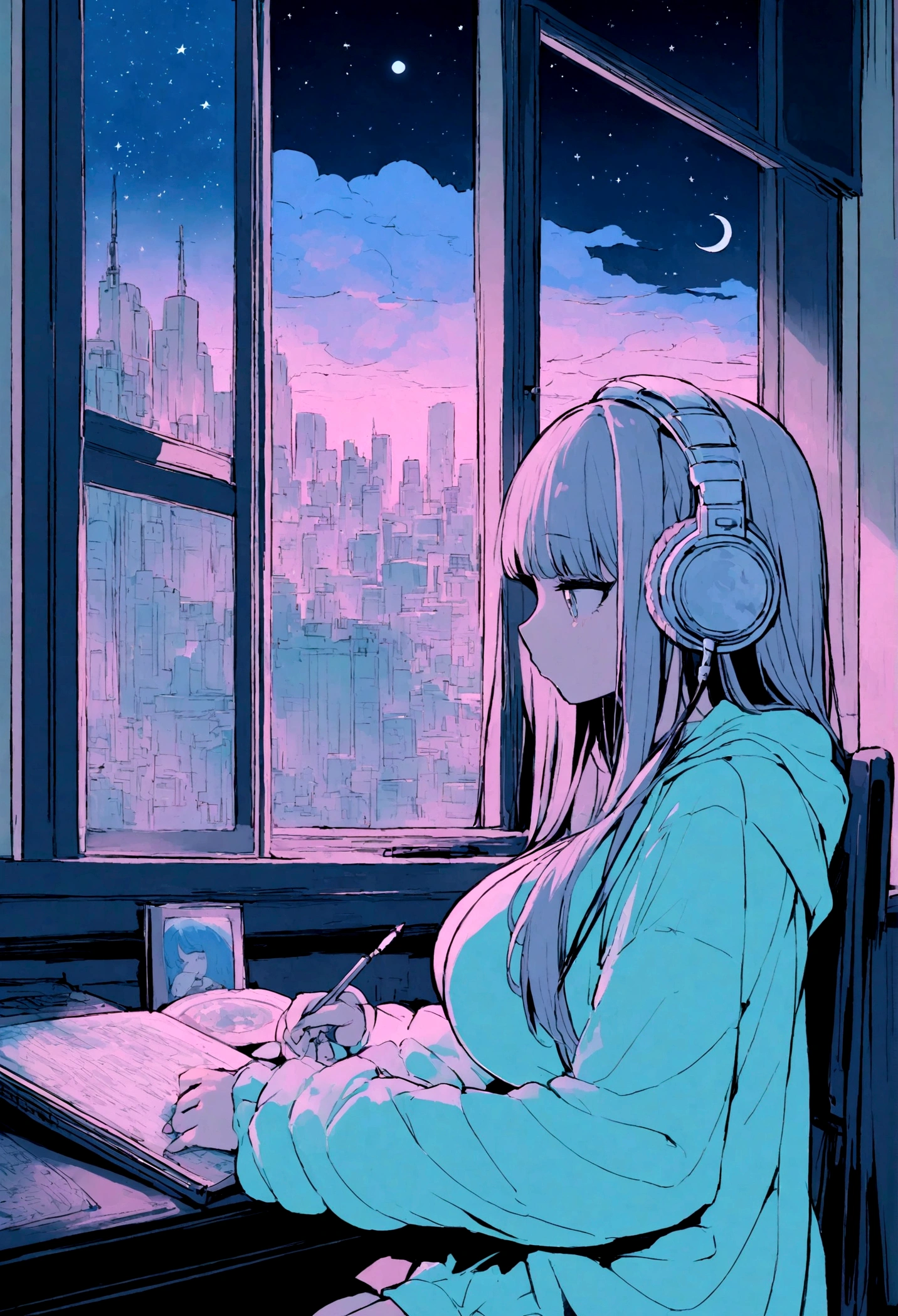 portrait、512、lofi、Girl with headphones sitting in a chair studying、City view outside the window、night、Pastel colors、Painting, lots of stars and moon, super big breast,She looks like she likes heavy metal.