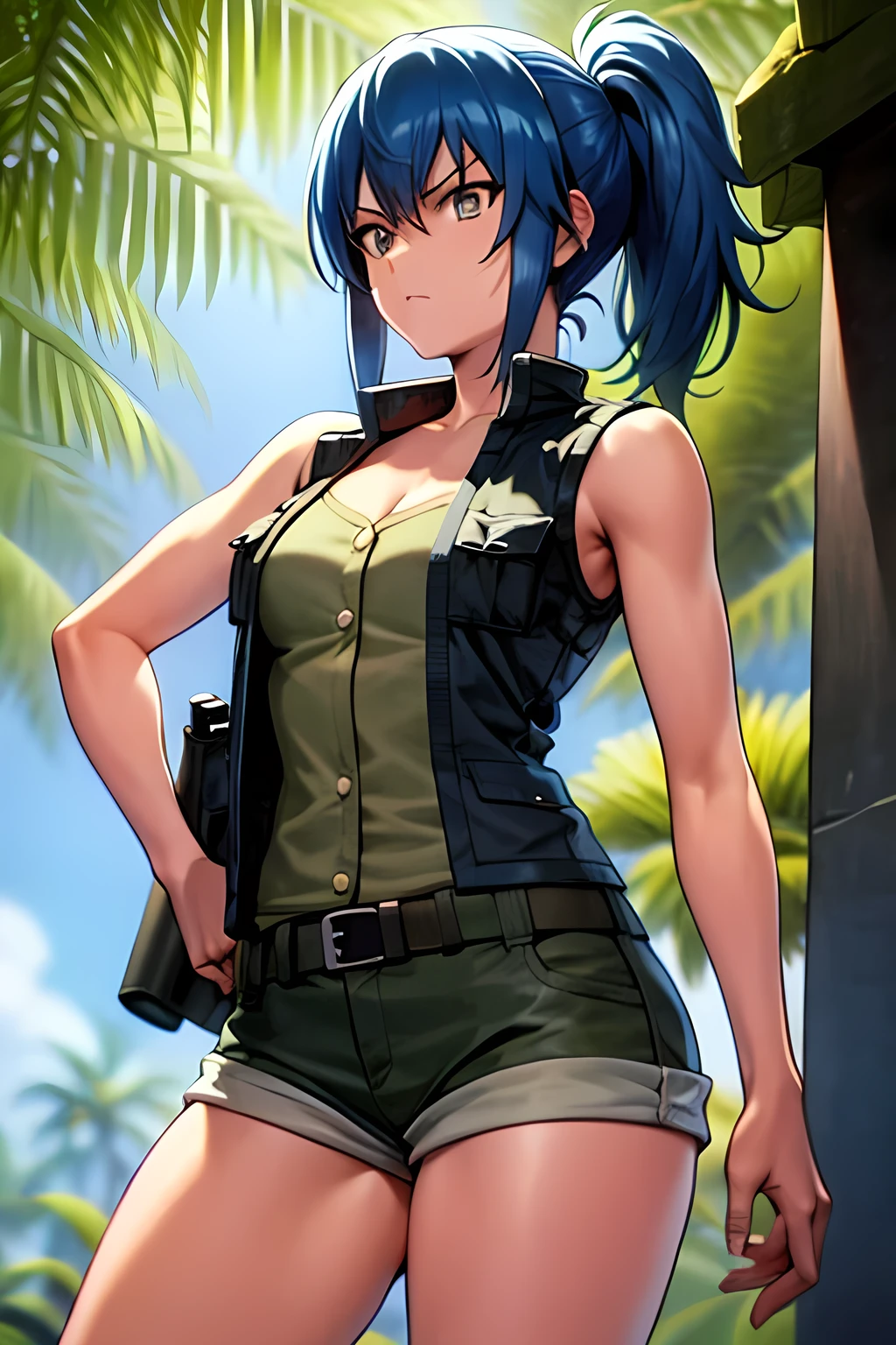 masterpiece, best quality, anime 1990s \(style\, leona heidern, naked ,mini short,open vest., jungle, tactical, pony tail, serious, cammo, army, soldier, blue hair.