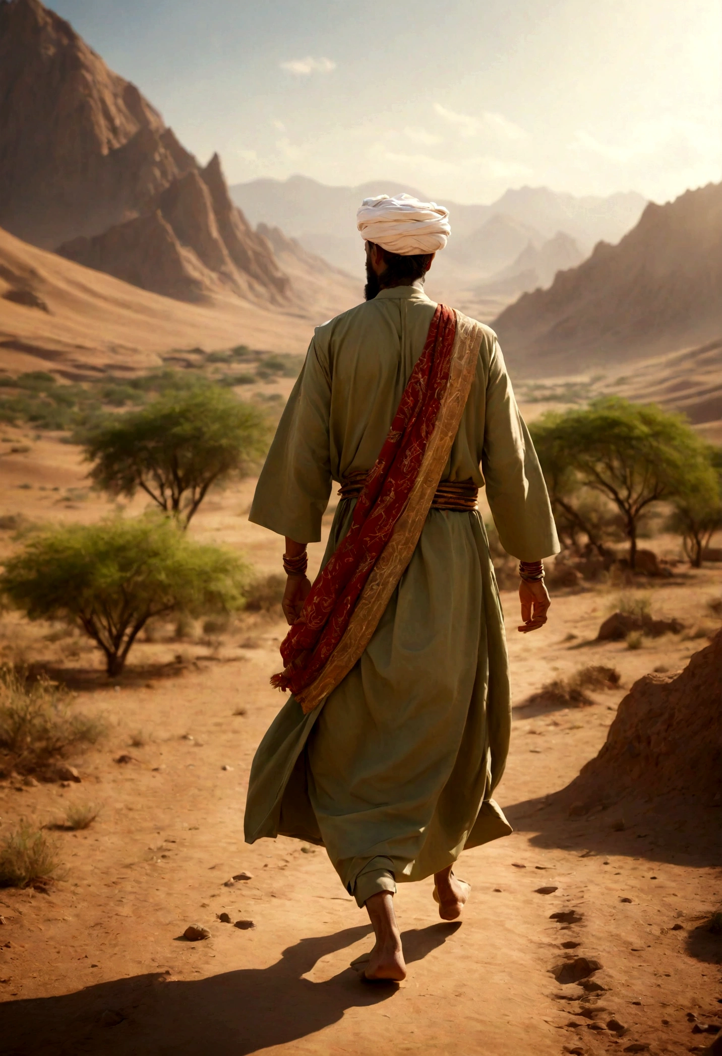 Image of a prophet dressed in traditional attire, walking on the earth with a beautiful natural landscape in the background