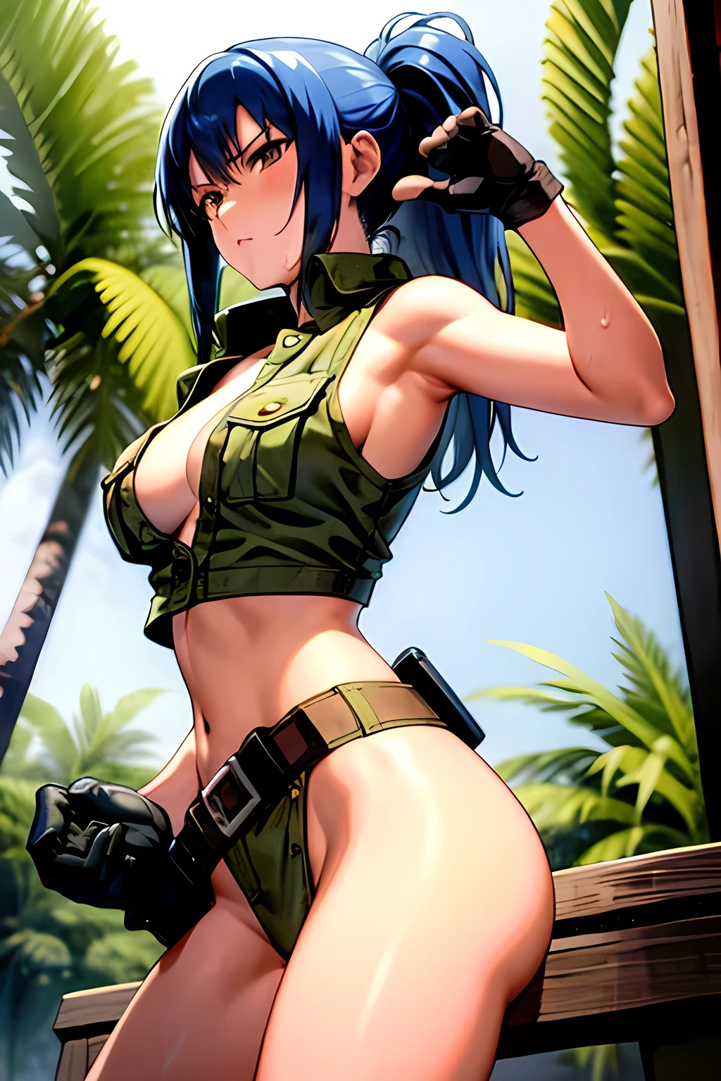 masterpiece, best quality, anime 1990s \(style\, leona heidern, sexy, naked, thong ,open vest., jungle, tactical, pony tail, serious, cammo, army, soldier, blue hair, warfare, war, wet, gloves, sexy pose, jungle girl, perfect hands, five fingers, long hair, tropical, belt. Sleeveless.
