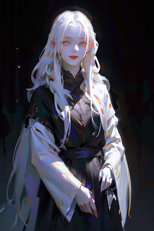 ((ultra realistic illustration:1.3)), (black clothing), Cute 18 yo (albino:1.4)woman of Slavic descent.(short:1.1), , long white hair, gray eyes, ((very pale:1.4)). Innocent look. Gentle spirit.(virgin), (joy:1.2),(smile:1.3). (Playful:1.2). Mascara, eyeglasses, red lipstick,  dress, (black pantyhose), pumps.Masterpiece, (highly detailed:1.2),(detailed face and eyes:1.2), 8k wallpaper, Moody lighting. core shadows, high contrast, bokeh.